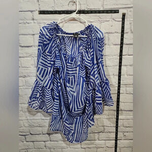 Zury free size blue/white sheer blouse with bell sleeves lightweight